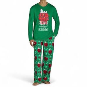 NEW PEANUTS Men's Holiday Pajama Set Green Size Large Christmas Loungewear